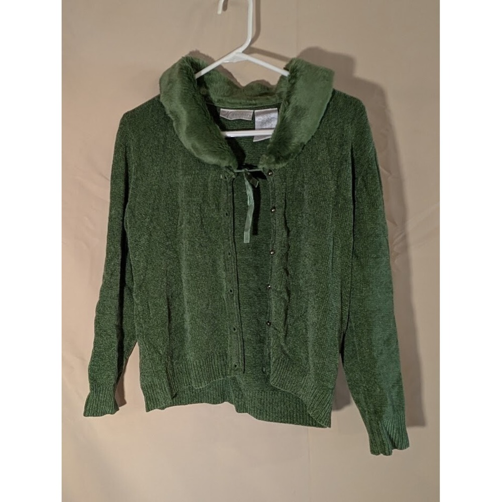 Green Chenille Cardigan Sweater PS Faux Fur Collar Button Front Vintage Y2K - Picture 1 of 2
